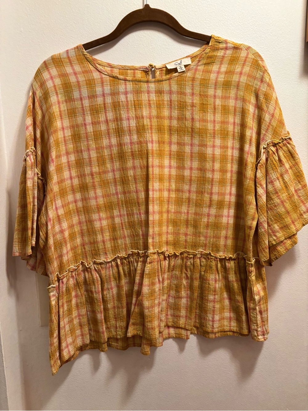 Women’s Plaid Peplum Blouse - Yellow Pink - Easel Los Angeles
